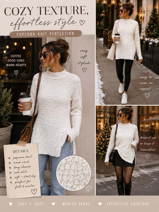 MEROKEETY Sweaters - MEROKEETY White Popcorn Knit Mock Neck Tunic Sweater Size S
